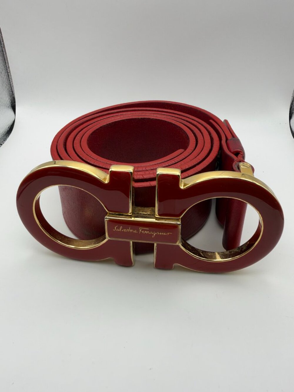 Salvatore Ferragamo Red Leather Belt Enamel Gancini Buckle Made in Italy